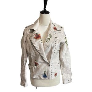 Floral Embroidered Stud Moto Jacket, Faux Leather